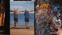 a painting of two people standing on a beach is made in animatica