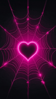 a spider web with a neon heart in the middle