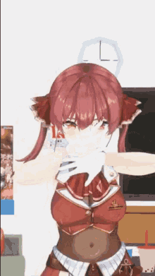 a 3d anime girl with red hair is covering her face with her hand .
