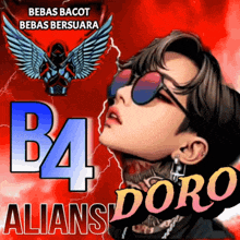 a poster for b4 alians doro shows a man with sunglasses on