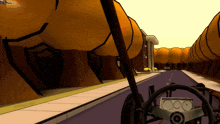 a cartoon drawing of a car driving down a road with a building in the background