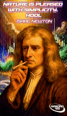 a painting of a man smoking a cigarette with a quote from isaac newton