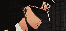 a man wearing a hat with the letter m on it