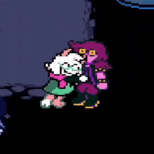 a pixel art of a couple of people hugging each other in a dark room .