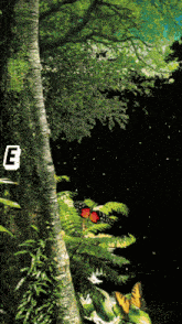 a picture of a butterfly in a forest with the letter e on the bottom