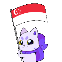 a cartoon cat holding a singapore flag
