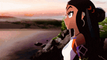 a cartoon drawing of a woman looking out over a lake