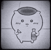 a black and white drawing of a cat holding a bottle of water