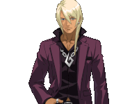 a man with long blonde hair wearing a purple suit