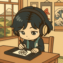 a cartoon drawing of a person with the letter a on their sweatshirt