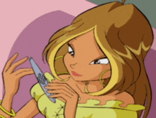 a cartoon girl is holding a cell phone in her right hand