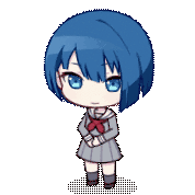 a pixel art of a girl with blue hair wearing a school uniform .