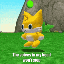 a cartoon character is jumping in the air with the words `` the voices in my head won 't stop '' written below him .