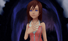 a cartoon girl with blue eyes is standing in front of a dark background