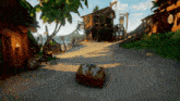 a treasure chest is sitting on the ground in front of a house