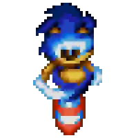 a pixel art of sonic the hedgehog standing on a red item