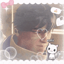 a man with a bandage on his face is surrounded by hearts and emi