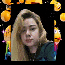 a woman 's face is surrounded by yellow smiley faces