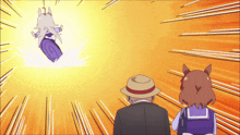 a man in a suit and a woman in a sailor outfit are watching a cartoon character flying through the air
