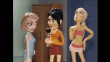 a cartoon of a woman holding a microphone talking to two other women in a locker room