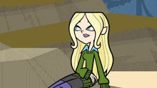 a cartoon girl with blonde hair is wearing a green sweater and blue shirt