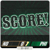 a scoreboard displays the score of a game between phi and no