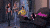 a group of cartoon girls are walking down a street