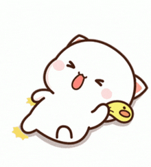 a cartoon cat is kicking a yellow chicken on the ground .