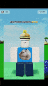 a roblox character with a hamburger on his head and the words kid war isn t dangerous