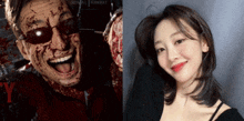 a picture of a man with blood on his face next to a picture of a woman with red lips