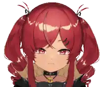 a girl with red hair is wearing a choker and a bell around her neck