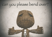 a picture of a stuffed animal with the words " can you please bend over " below it
