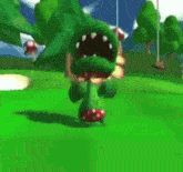 a cartoon character with a mushroom hat is standing on a green grass field .