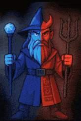 a cartoon drawing of a wizard and a demon