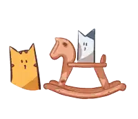 a cartoon drawing of a rocking horse with two cats behind it