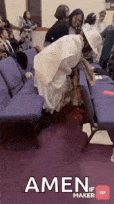 a group of people are sitting in purple chairs in a church with the words amen if maker .
