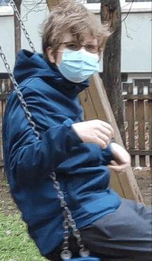 a man wearing a mask sits on a chain swing