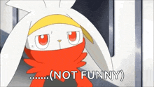 a cartoon rabbit is wearing a red scarf and a yellow headband and says `` ( not funny ) '' .