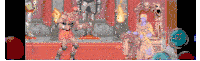 a pixel art of a man standing next to a statue