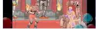 a pixel art of a man standing next to a statue