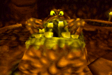 a cartoon character with yellow eyes and teeth is standing in a dark cave