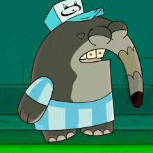 a cartoon character with a hat that says ' s ' on it