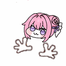 a cartoon drawing of a girl with pink hair and purple eyes