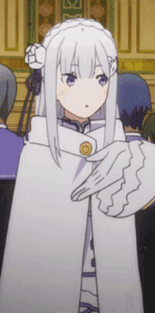 a girl with white hair and purple eyes is standing in a room