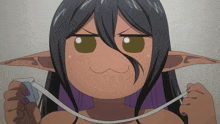 a girl with long black hair and elf ears is holding a white cord