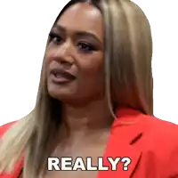 a woman in a red jacket says really on her face