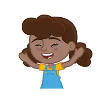 a cartoon girl wearing blue overalls and a yellow shirt is laughing with her eyes closed