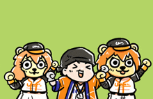 a cartoon drawing of three bears with one wearing a hat that says yoyo