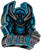 a logo for oziel g shows a samurai wearing a helmet