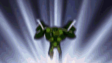 a cartoon of a green superhero flying through the air